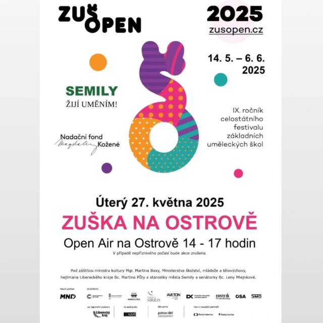 ✨️ZUŠka na Ostrově – už 27. května!
Přijďte si užít odpoledne plné hudby, tance a divadla v semilském městském parku Ostrov.
Na pódiu se představí žáci naší školy a nebude chybět ani občerstvení. Začínáme ve 14:00!
Těší se na vás ZUŠ Semily🍀🫶

https://www.zusopen.cz/program/zuska-na-ostrove/